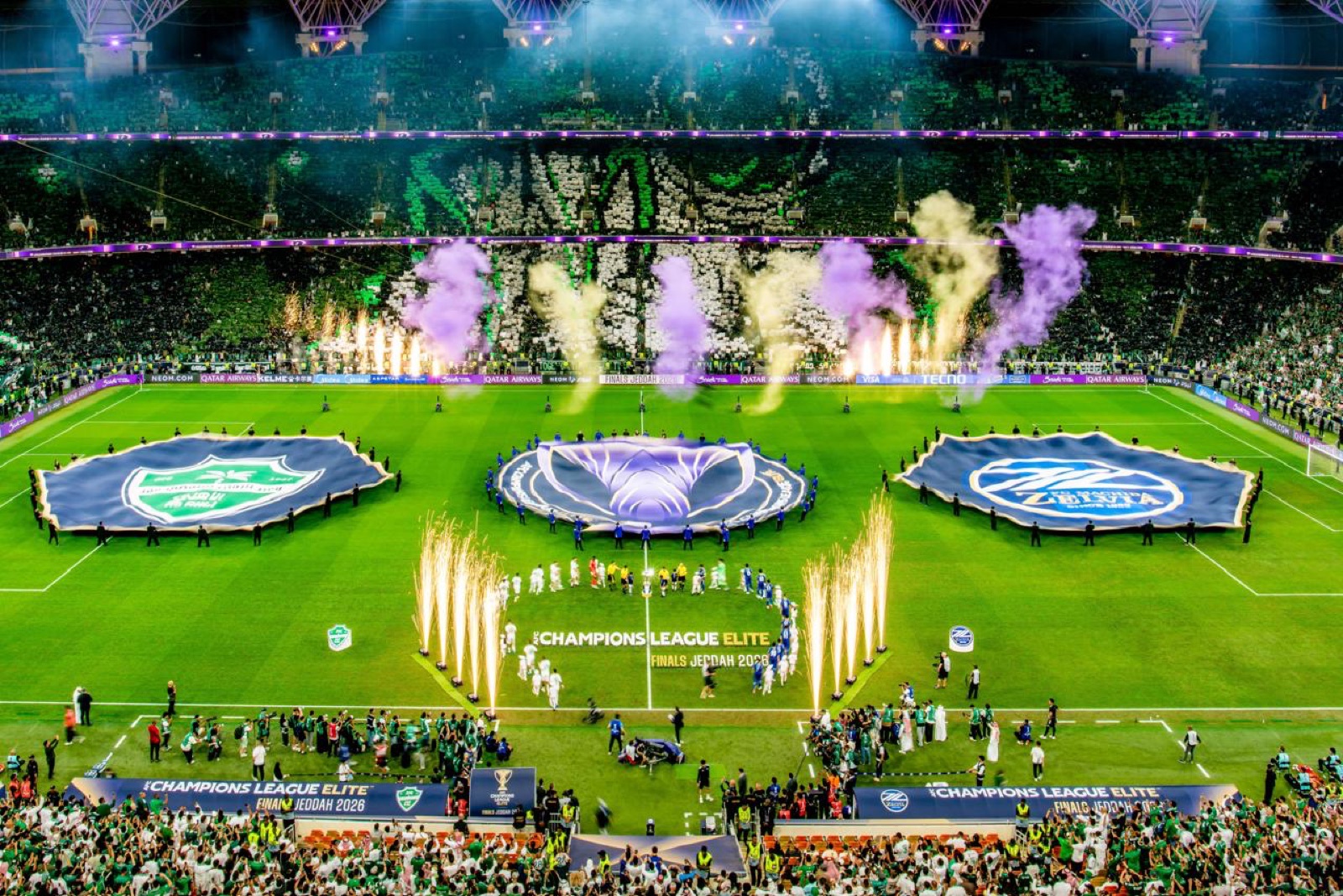 Coloured powder and sparks on the pitch at the AFC Champions League Elite finals in Jeddah, 2026