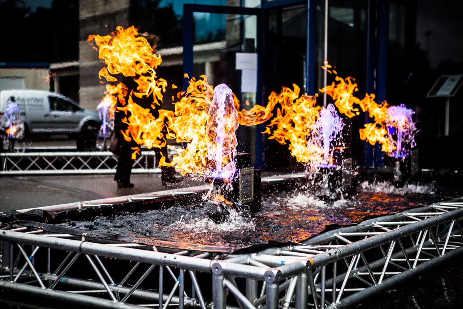 Flames rising out of the water between the fountains, Genk, 2016