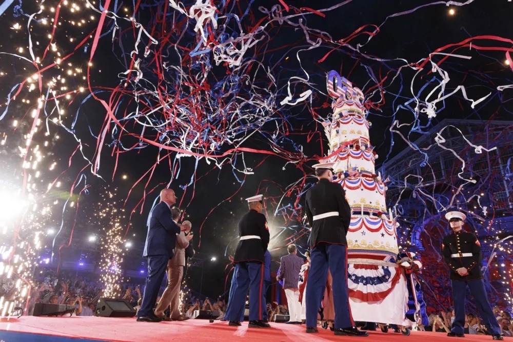 Koude vonken en rood-wit-blauwe serpentines op het podium voor 250 jaar Verenigde Staten, Jubelpark, Brussel, 2026